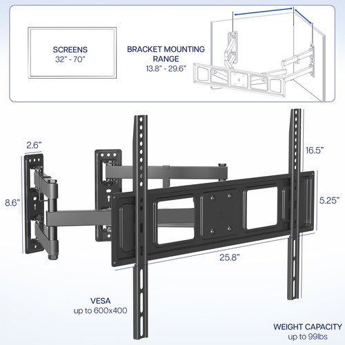 VIVO Full Motion Articulating Corner Wall TV Mount for 32" to 70" Flat Screen - Afbeelding 4 van 10