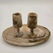 Vintage CARVED Onyx Stone Goblet Tray Set, Earthy Brown Veining – 3 Pc MCM Decor