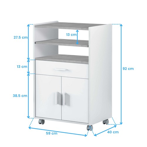 Mueble microondas cocina color blanco y cemento 1 cajón 2 puertas 92x59x40 cm - Imagen 8 de 9
