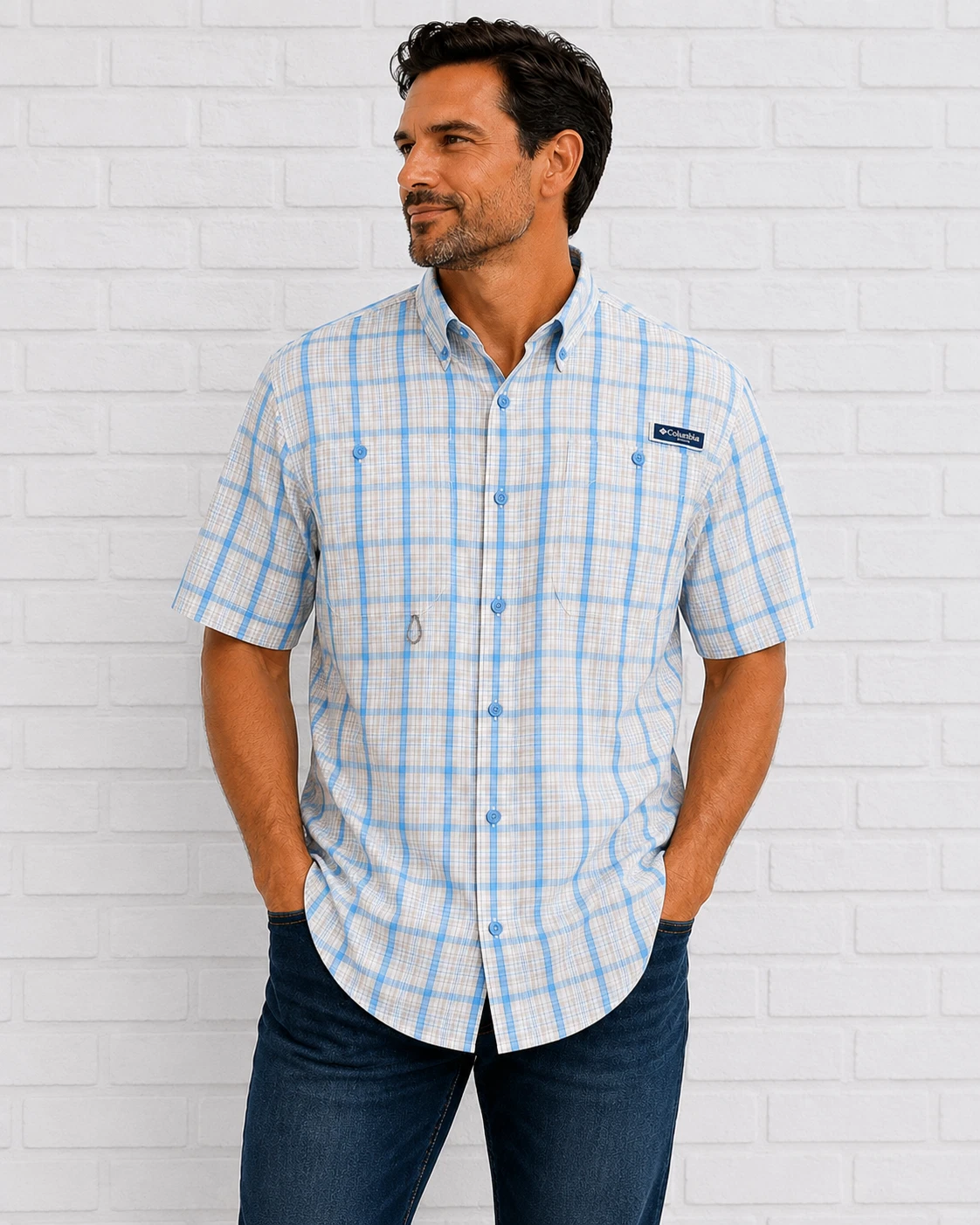 Columbia PFG XXL Blue Gray Plaid Fishing Shirt Omni-Shade Short Sleeve