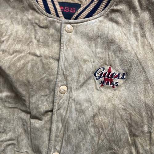 Giacca Bomber Vintage anni 90 Guess Jeans Pelle Scamosciata Varsity Ricamata Uomo M - Foto 3 di 13