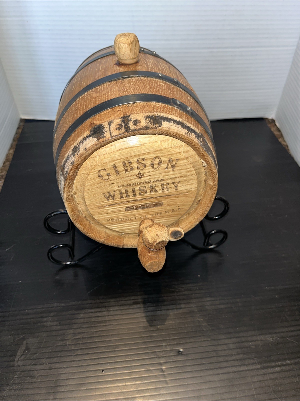 Mini Whiskey Oak Wood Barrel W/Metal Stand. Missing 2 Metal Bands