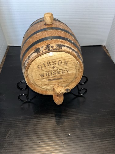 Mini Whiskey Oak Wood Barrel W/Metal Stand. Missing 2 Metal Bands