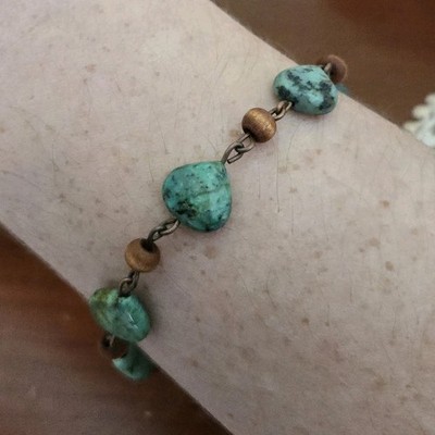 Green Turquoise & Brown Wood Beaded Bracelet with Lobster Clasp Closure