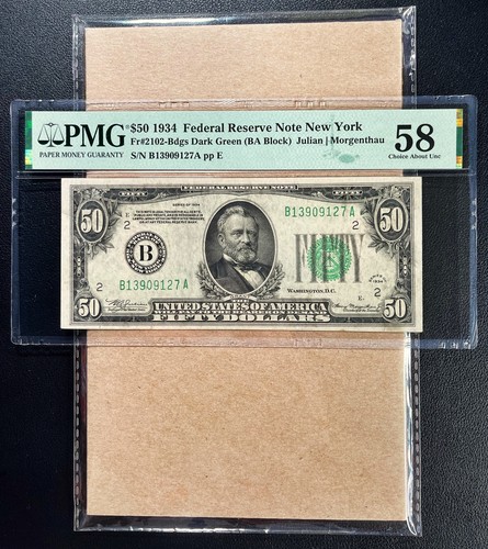Fr. 2102-Bdgs 1934 $50 Federal Reserve Note NEW YORK PMG 58 - AU Comment - Picture 1 of 2