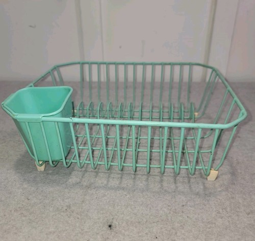Vintage Türkis Aqua Geschirr Trockengestell beschichtet mit weißen Füßen Utensilienhalter