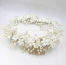 Porcelain Ceramic Large Floral Wedding Hair Comb or Bridal Clay Flower Earrings