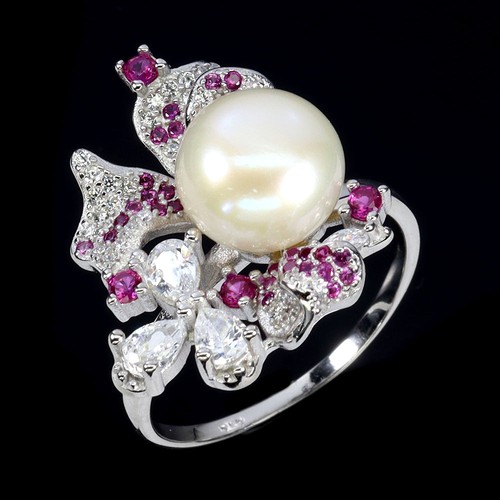 925 Sterling Silver Ring Round Pearl 10mm Natural Gemstone Jewelry Size 7.5