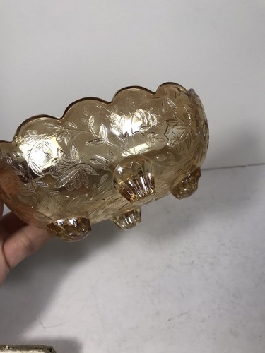 Vintage Floragold 4 Toed Iridescent Carnival Glass Jewlery Trinket Dish w Feet - Picture 6 of 8