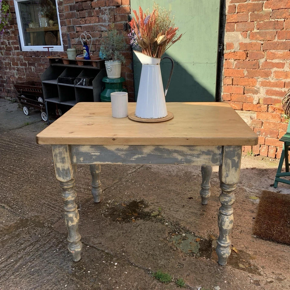 Pine Farmhouse Table With Worn Painted Legs - Sits 4  - Image 2 of 4