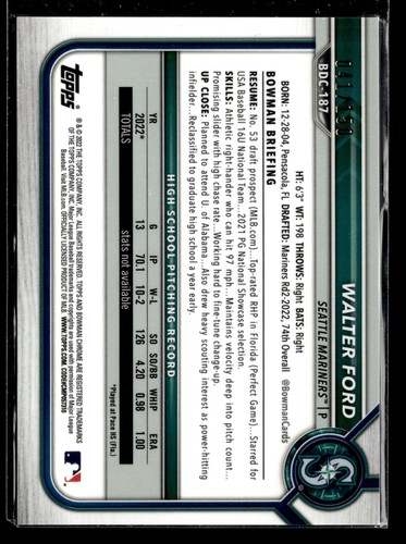 Walter Ford #/150 - 2022 1st Bowman Chrome TRUE Blue Refractor #BDC-187 SEA - Picture 2 of 2