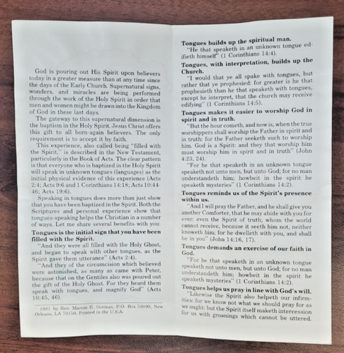 Why Speak in Tongues? - Marvin Gorman - 1981 Tract Pentecostal Assemblies of God - Picture 2 of 3