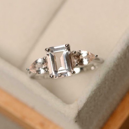 2ct Natural Peach Morganite Pear Accents Trilogy Ring 14K White Gold Plated - Picture 2 of 7