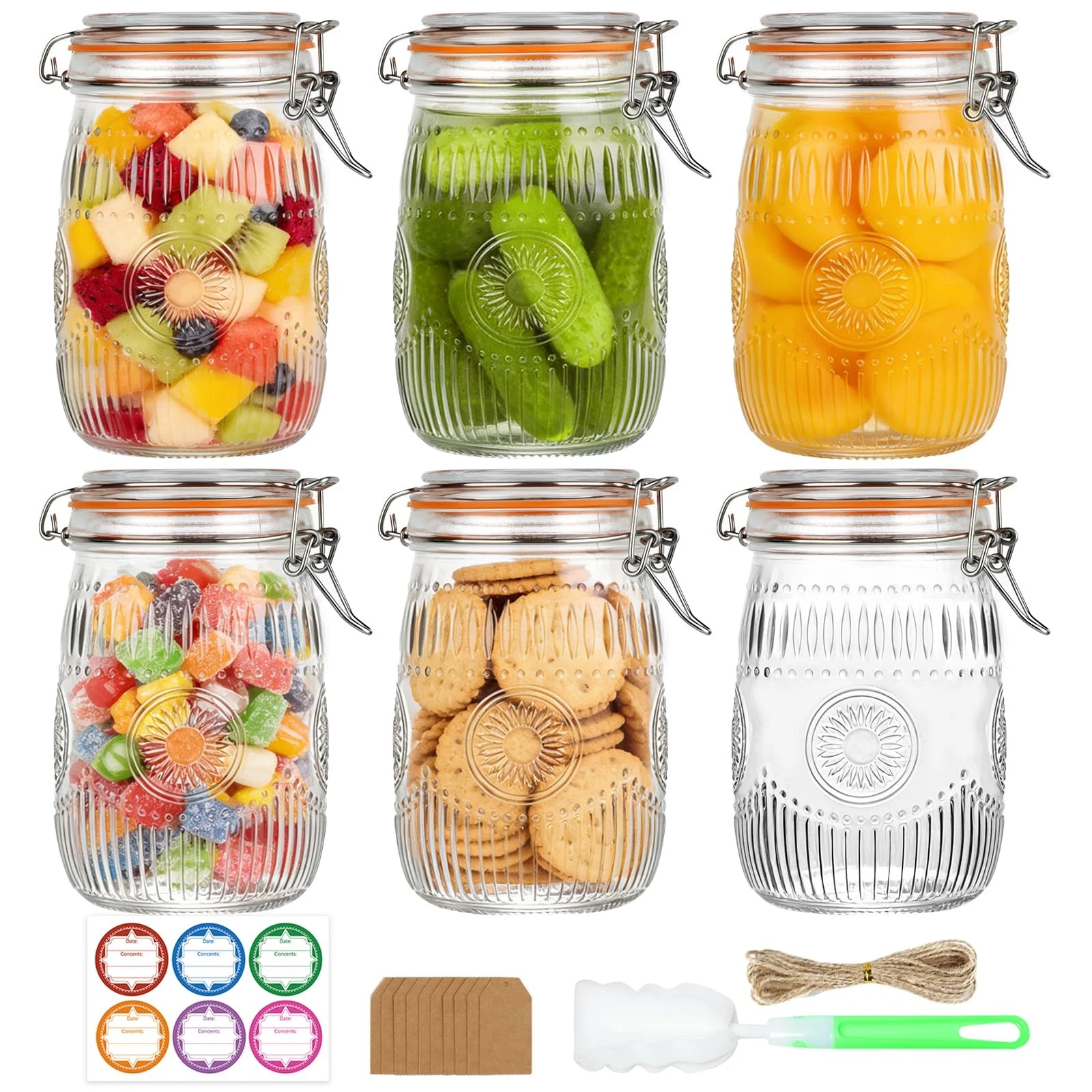 32oz Mason Jars with Airtight Lids, 6 Pack Wide Mouth Canning Jars with Clamp...