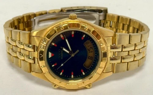 Vintage Seiko Watch Green Dial Gold Color Analog Digital H801-7038 37mm