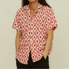 OAS Machu Cuba Red White Printed Soft Terry Cotton Button Down Shirt size large