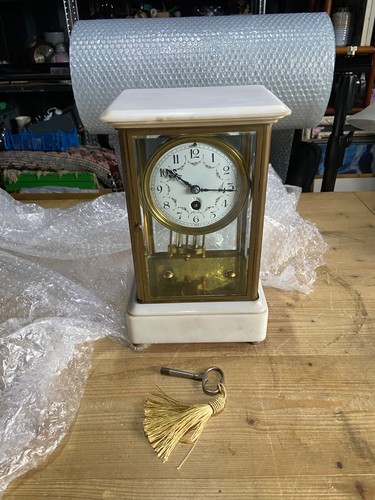 MARBLE AND BRASS MANTEL CLOCK WITH MERCURY PENDULUM BY FABRIQUE PARIS W/O - Picture 10 of 21