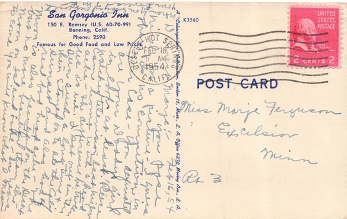 BANNING CA SAN GORGONIO INN RESTAURANT 1954 ROADSIDE LINEN POSTCARD 093025 U - Picture 2 of 2