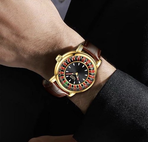 Herrenuhren, einzigartiger Roulette Stil Quarz Analog 45 mm groß wasserdicht + Leder - Bild 2 von 9