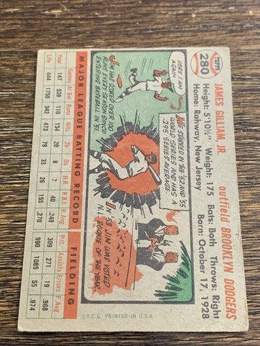 1956 TOPPS JIM GILLIAM #280 GB DODGERS VG-EX OR BETTER - Picture 2 of 2