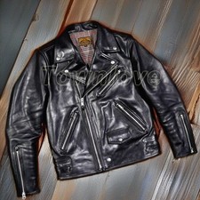 Mens Vintage Style Veg-tanned Horsehide Leather Retro Motorcycle Biker Jacket