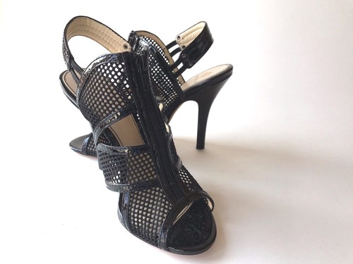 Isola Cage Sandal Black Leather 4.5" Heel Zipper Front Slingback Peeptoe Women 7 - Picture 3 of 5