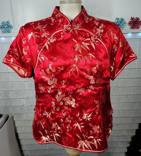 Vtg MIMI Red Black Ladies Chinese Kimono Top Shirt Blouse Asian Tropical Flower