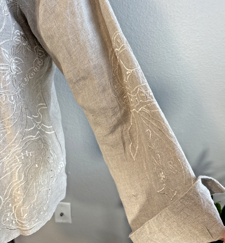 Anu 100% Linen Blazer Beige Floral Embroidered Split Sleeve Women's SZ L - Picture 8 of 14