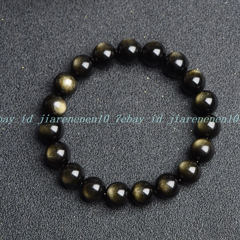 VALENTINO Bracciale Elastico Moda 10mm Oro Ossidiana Gemme Perline Tonde 7 5''