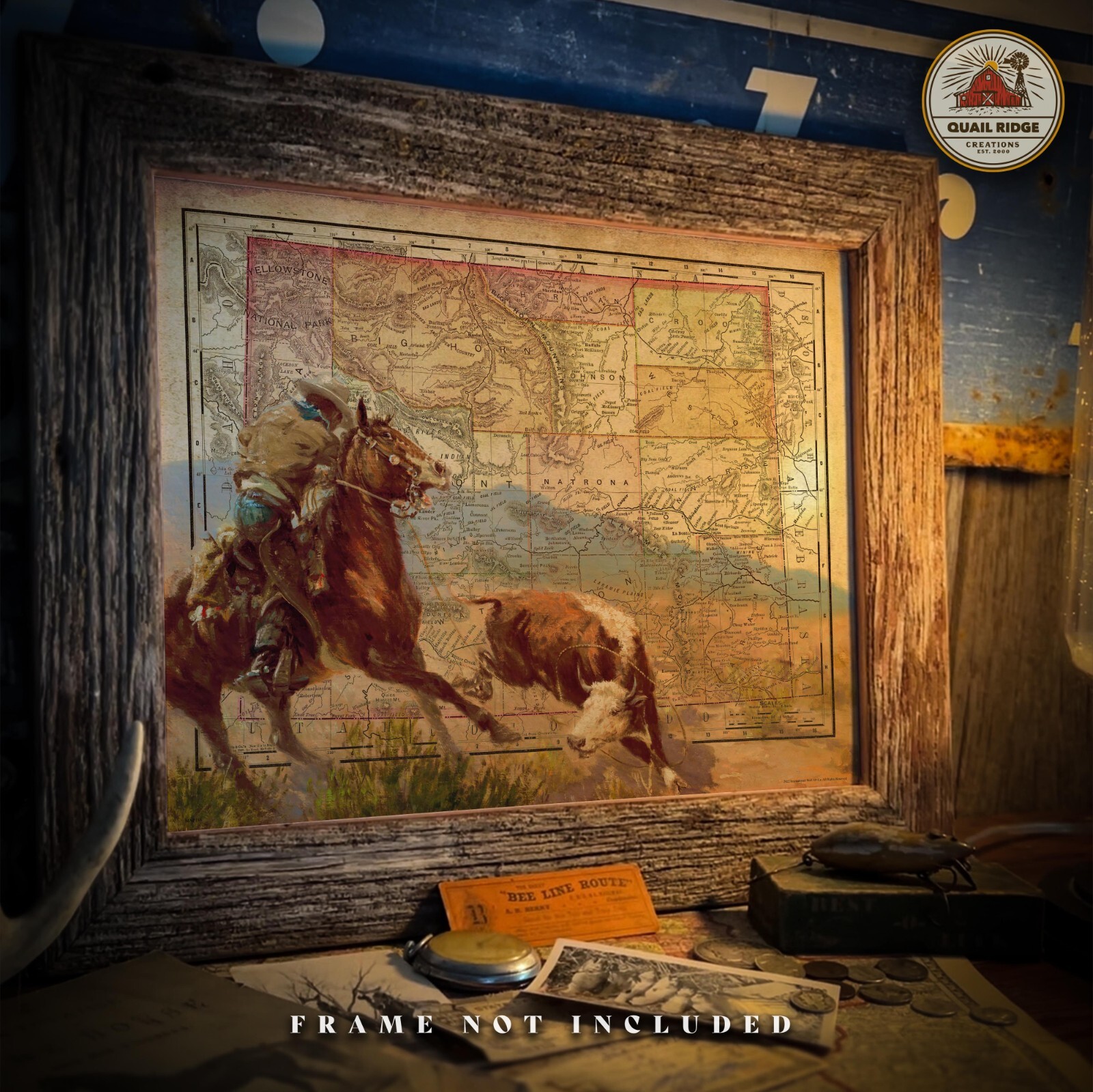 Vintage Cattle Rancher Wyoming State Map Art Print Rodeo Cowboy Western