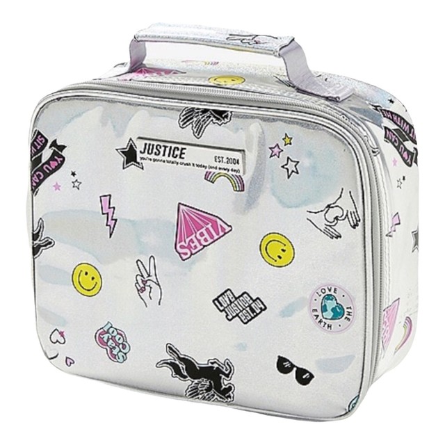 Justice Girls Lunchbox Tote Gleaming Holographic Finish Sticker Graphics Logo Justice Girls Lunchbox Tote Gleaming Holographic Finish Sticker Graphics Logo