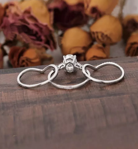 1.50 Ct Oval Cut Moissanite Trio Bridal Set Engagement Ring Solid 14K White Gold - Bild 4 von 7