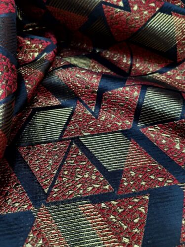 Red Gold Metallic Brocade Fabric Sold By The Yard Black Geometric Triangle - Picture 10 of 12
