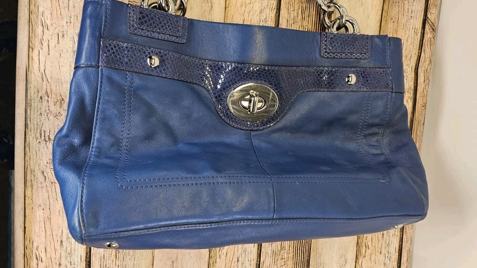 COACH Penelope Blue Leather Snakeskin Accent Satchel Tote Bag F16531 Turn Lock