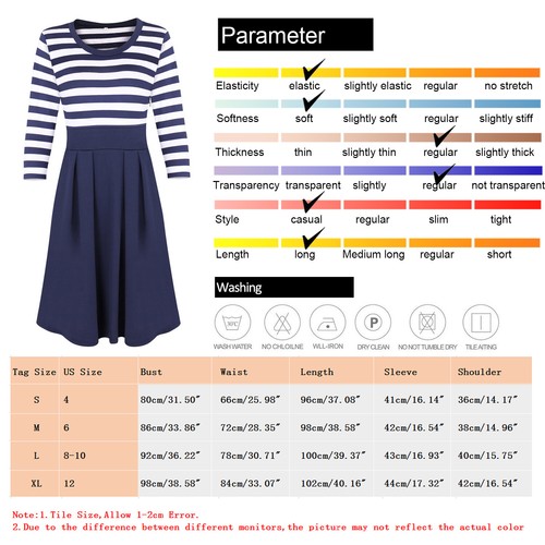 Women's O-Neck 3/4 Long Sleeve Striped Pleated Casual Swing Mini Dress US SHIP - Picture 2 of 7
