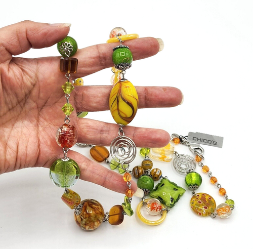 New Chico's Multi-Color Murano Art Glass Long Necklace & Stretch Bracelet Set - Picture 5 of 12