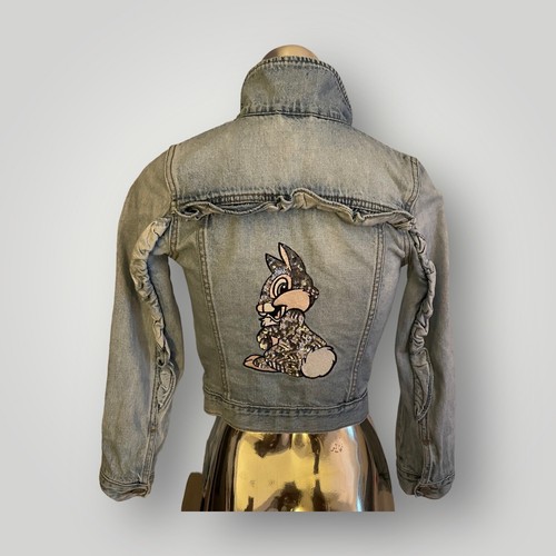 Disney Gap Jean Jacket Bambi Thumper Ruffle Sequin M Denim - Picture 2 of 10