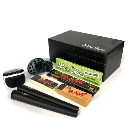 Black Rolling Box Geschenkset RAW Rolling Papers Kegelhalter Grinder Tips Set - Bild 2 von 8