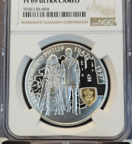 1997 FALKLANDS SILVER 5 POUNDS GOLDEN WEDDING NGC PF 69 ULTRA CAMEO TOP POP 1 - Picture 3 of 3