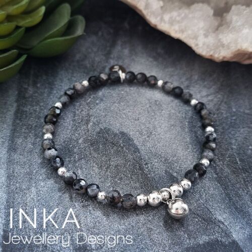 925 Sterling Silver & Labradorite Bell Bracelet Beaded Stretch Stacker By INKA - Picture 3 of 8