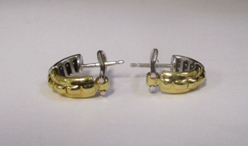 FOPE ITALY 18K YELLOW & WHITE GOLD .10ctw DIAMOND HALF HOOP EARRINGS OMEGA BACKS - Picture 8 of 12
