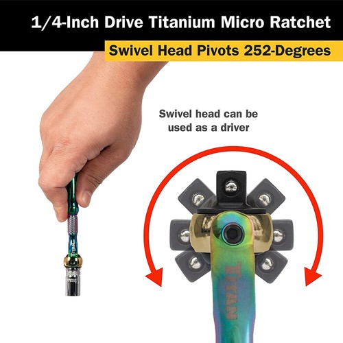 Titan 1/4 in. Cabezal giratorio de titanio micro trinquete 11326 - Imagen 7 de 7