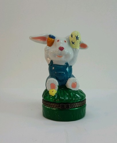 Ceramic Hinged Lid Blue Overalls Easter Bunny Rabbit Carrot Egg Trinket Box - Picture 4 of 11