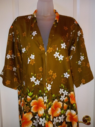Vintage 70s Hawaiian Orange Hibiscus Floral Zip Front Cotton Muumuu Dress L - Picture 2 of 10
