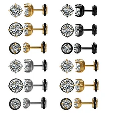 5-9mm Men Women's Stainless Steel White Cubic Zirconia Stud Earrings Screw Back