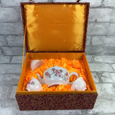 5 Piece Chinese State Grid Tea Pot Cups In Silk Lined Box Pink Cherry Blossom Ebay