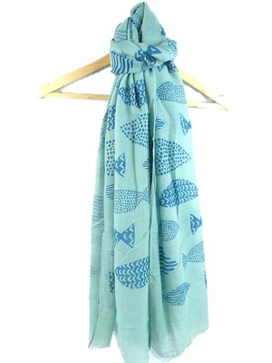 Fish Print Scarf Grey Turquoise Fishes Ladies Large Wrap Sarong New