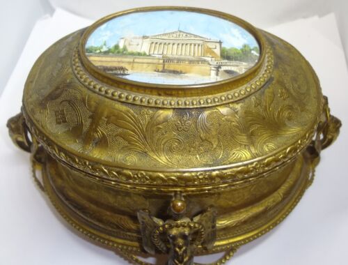 Antica scatola portagioie sirena alata bronzo dorato francese con dipinto in miniatura - Foto 20 di 24
