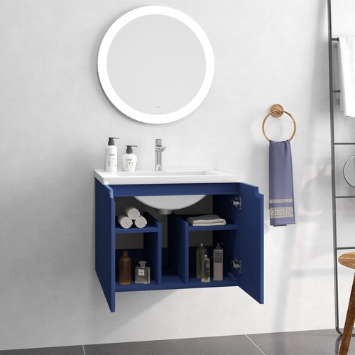 24" Floating Wall Mounted Bathroom Vanity White Porcelain Sink Soft Close Doors - Picture 2 of 14