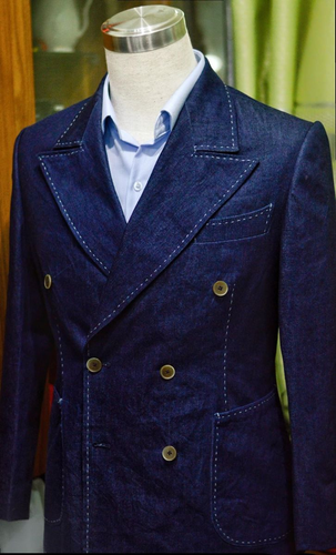 Denim Blue Men's Suits Peak Lapel Double Breasted Formal Wedding Groom Tuxedos - Picture 2 of 6